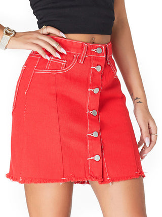 Women? Solid Color Button Front Denim Raw Hem Mini Skirt