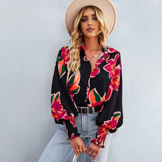 Women's Loose Fit Button Up Floral Blouse With Folded Collar And Ruffle Scrunched Sleeves