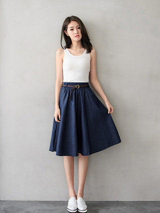 Women's High Waist Solid Color Mid Length Denim Skirt