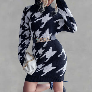 Women's Loose Fit Retro Print Sweater Dress With High Collar