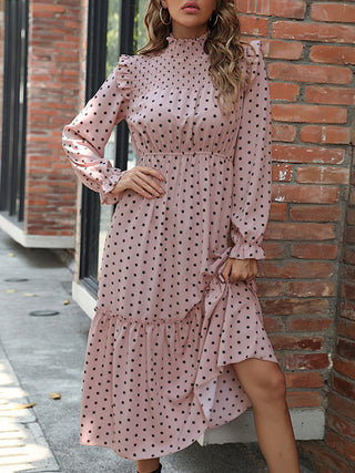 Women? Polka Dot Smocked Long Sleeve Ruffle Neckline Tiered Skirt Dress