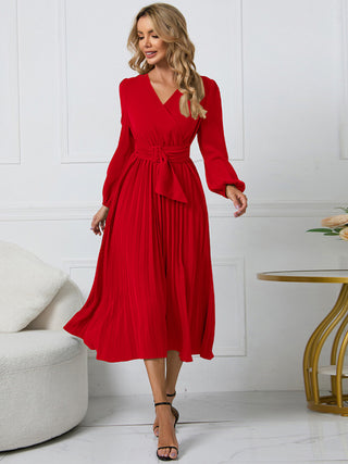 Women's V Neck Faux-wrap Styling With Belt At Waist Maxi Pleated Long Sleeve Dress