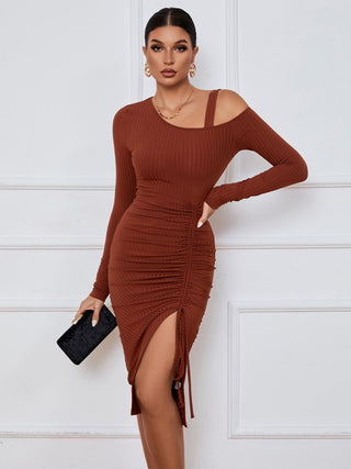 Women's Long Sleeve Off The Shoulder Neckline Dress With Extra Strap And Front Thigh Leg Slit