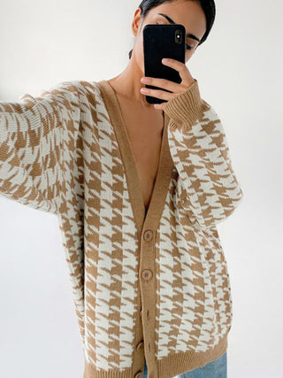 Women's Knit Print Button Front Long Sleeve V Neck Cardigan