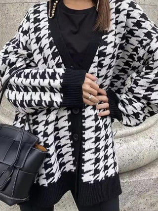 Women's Knit Print Button Front Long Sleeve V Neck Cardigan