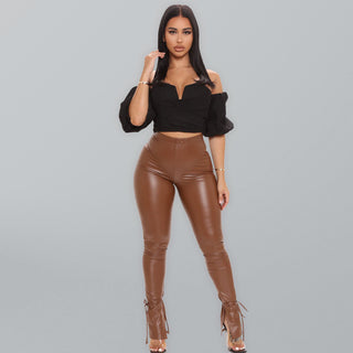 Women's Vegan Leather Pants With Adjustable Suspender Straps And Slit