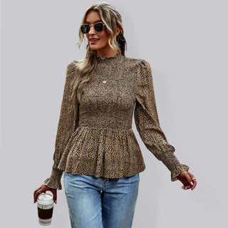 Women High Collar Ruffle Long Sleeve Blouse With Pleated Trim