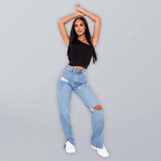 Women's Highly Desirable Ripped High Waist Ankle Slits Straight Leg Jeans