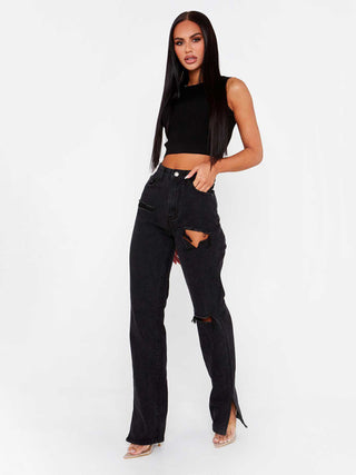 Women's Highly Desirable Ripped High Waist Ankle Slits Straight Leg Jeans