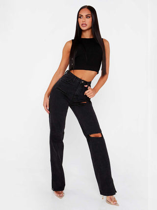 Women's Highly Desirable Ripped High Waist Ankle Slits Straight Leg Jeans