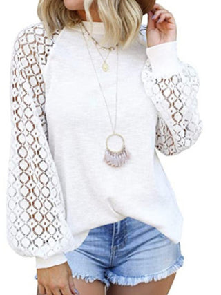 Women? Solid Color Crew Neck Lace Long Sleeve Knit Top