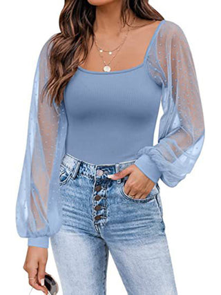 Women? Solid Color Polka Dot Lace Sleeve Top