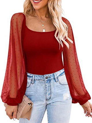 Women? Solid Color Polka Dot Lace Sleeve Top