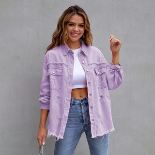 Women's Solid Color Distressed Denim Jacket