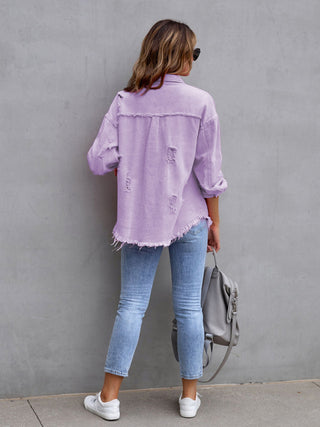 Women's Solid Color Distressed Denim Jacket