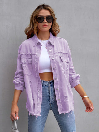 Women's Solid Color Distressed Denim Jacket