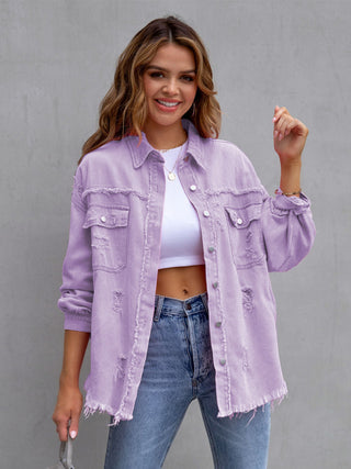 Women's Solid Color Distressed Denim Jacket