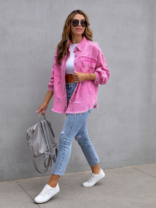 Women's Solid Color Distressed Denim Jacket