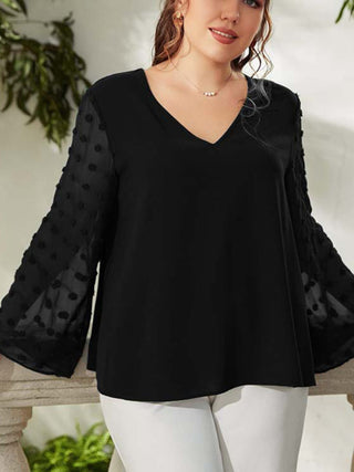 Women's Plus Size Solid Color Lace Polka Pot Sleeve V Neck Blouse