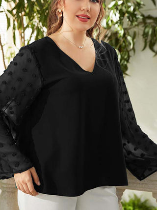 Women's Plus Size Solid Color Lace Polka Pot Sleeve V Neck Blouse