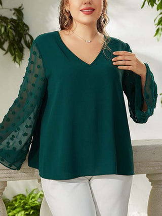 Women's Plus Size Solid Color Lace Polka Pot Sleeve V Neck Blouse