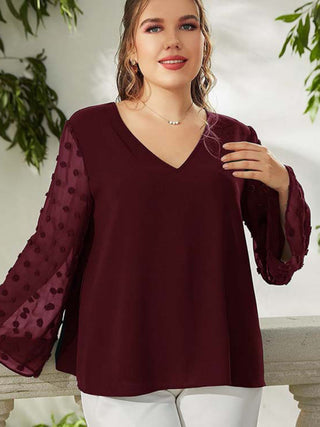 Women's Plus Size Solid Color Lace Polka Pot Sleeve V Neck Blouse