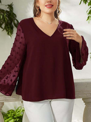 Women's Plus Size Solid Color Lace Polka Pot Sleeve V Neck Blouse