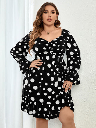 Women's Plus Size Sweetheart Neck Dot Print Ruched Puff Sleeve A Line Minidress