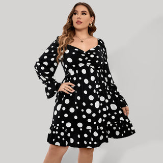 Women's Plus Size Sweetheart Neck Dot Print Ruched Puff Sleeve A Line Minidress