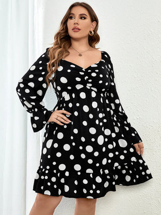 Women's Plus Size Sweetheart Neck Dot Print Ruched Puff Sleeve A Line Minidress