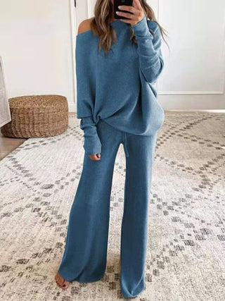 Women's Solid Color Off The Shoulder Ribbed Wide Legs Pants Sweater Set