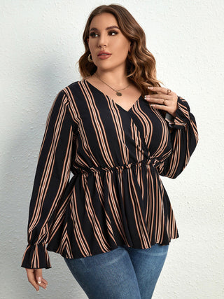 Women's Stripe Print Plus Size V Neck Ruffle Cuff Long Sleeve Crew Neck Faux Wrap Blouse Top