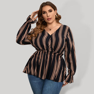 Women's Stripe Print Plus Size V Neck Ruffle Cuff Long Sleeve Crew Neck Faux Wrap Blouse Top