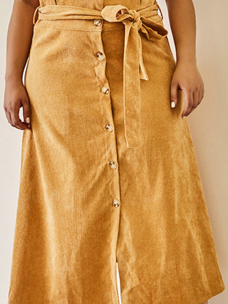 Women's Solid Color Plus Size High Waist Corduroy Belted Midi Skirt