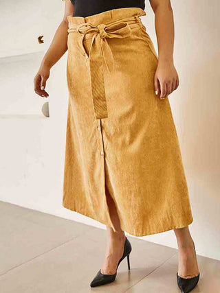 Women's Solid Color Plus Size High Waist Corduroy Belted Midi Skirt