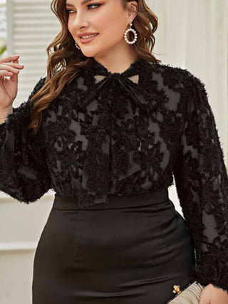 Women's Solid Color Plus Size Lace Trim Tie Neck Long Sleeve Lace Top