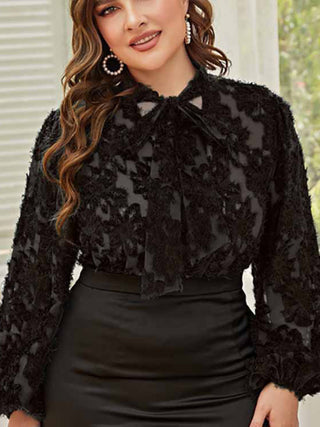 Women's Solid Color Plus Size Lace Trim Tie Neck Long Sleeve Lace Top