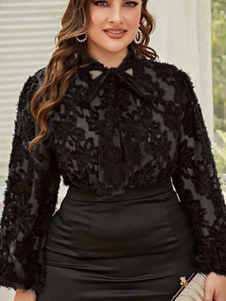 Women's Solid Color Plus Size Lace Trim Tie Neck Long Sleeve Lace Top