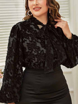 Women's Solid Color Plus Size Lace Trim Tie Neck Long Sleeve Lace Top