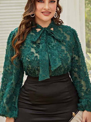 Women's Solid Color Plus Size Lace Trim Tie Neck Long Sleeve Lace Top