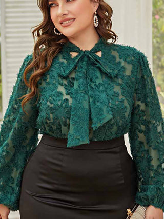 Women's Solid Color Plus Size Lace Trim Tie Neck Long Sleeve Lace Top