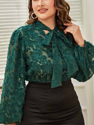 Women's Solid Color Plus Size Lace Trim Tie Neck Long Sleeve Lace Top