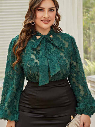 Women's Solid Color Plus Size Lace Trim Tie Neck Long Sleeve Lace Top