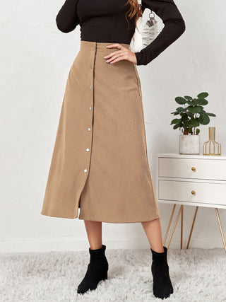 Women's Solid Color Corduroy Button Front A Line Midi Skirt