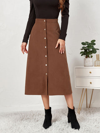 Women's Solid Color Corduroy Button Front A Line Midi Skirt