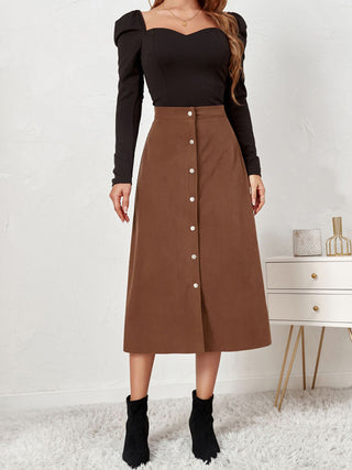 Women's Solid Color Corduroy Button Front A Line Midi Skirt