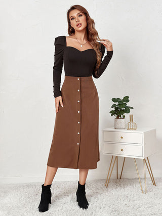 Women's Solid Color Corduroy Button Front A Line Midi Skirt