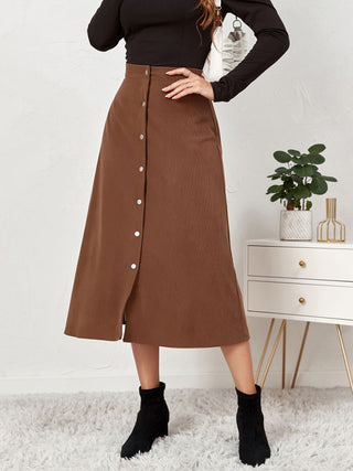 Women's Solid Color Corduroy Button Front A Line Midi Skirt