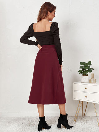 Women's Solid Color Corduroy Button Front A Line Midi Skirt