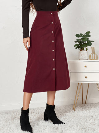 Women's Solid Color Corduroy Button Front A Line Midi Skirt